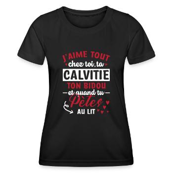 Cadeau Saint Valentin Homme Chauve Humour Péter - T-shirt sport Femme - noir - Devant - AI Model Female 172 light (172cm)