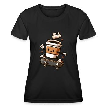 Kaffeebecher Auf Skateboard Grafik - Frauen Funktions-T-Shirt - Schwarz - Vorne - AI Model Female 172 light (172cm)