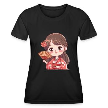 Cute Cherry Blossom Kimono Figurine - Women's Functional T-Shirt - black - Front - AI Model Female 172 light (172cm)