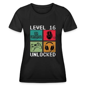 Niveau 16 débloqué 16 Anniversaire 16 ans - T-shirt sport Femme - noir - Devant - AI Model Female 172 light (172cm)
