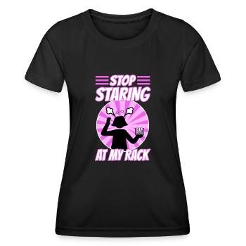 Stop Staring At My Rack - Frauen Funktions-T-Shirt - Schwarz - Vorne - AI Model Female 172 light (172cm)