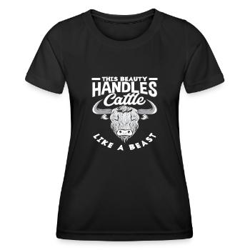 Diese Schönheit Handhabt Hochlandkuh Wie Ein Biest - Frauen Funktions-T-Shirt - Schwarz - Vorne - AI Model Female 172 light (172cm)