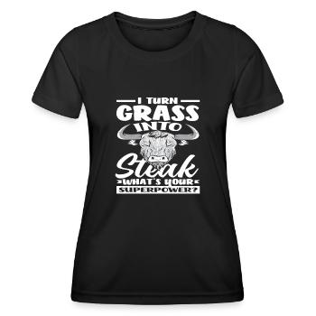 Ich Verwandle Gras In Steak Superkraft Highland - Frauen Funktions-T-Shirt - Schwarz - Vorne - AI Model Female 172 light (172cm)