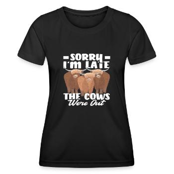 Sorry I'm Late The Cows Were Out Highland Kuh - Frauen Funktions-T-Shirt - Schwarz - Vorne - AI Model Female 172 light (172cm)