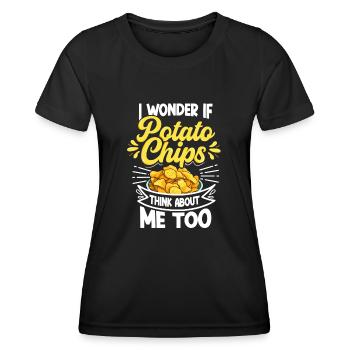 Je me demande si les chips pensent à moi bizarrement - T-shirt sport Femme - noir - Devant - AI Model Female 172 light (172cm)