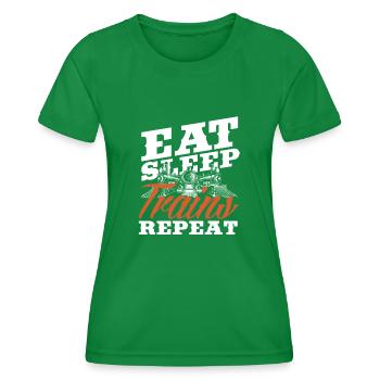 Eat Sleep Trains Repeat Eisenbahnliebhaber - Frauen Funktions-T-Shirt - Kelly Green - Vorne - AI Model Female 172 dark (172cm)