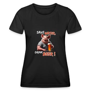Save Water, Drink Beer - Lustige Party Sau - Frauen Funktions-T-Shirt - Schwarz - Vorne - AI Model Female 172 light (172cm)