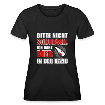 Bitte nicht schubsen Ich habe Bier in der Hand - Frauen Funktions-T-Shirt - Schwarz - Vorne - AI Model Female 172 light (172cm)