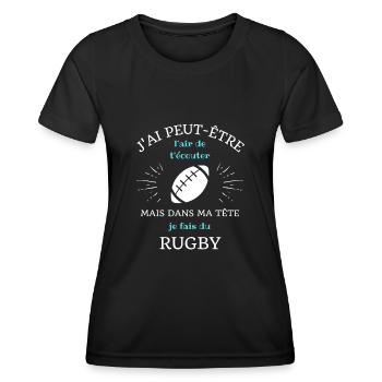 t shirt humour rugbyman dans ma tete rugby homme - T-shirt sport Femme - noir - Devant - AI Model Female 172 light (172cm)