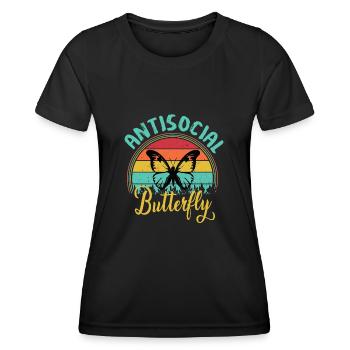 Antisoziale Schmetterling Retro Vintage Sonnenuntergang Design - Frauen Funktions-T-Shirt - Schwarz - Vorne - AI Model Female 172 light (172cm)