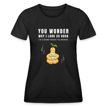 JE SUIS UN BUVEUR SECRET DE THÉ AU GINGEMBRE Ingwertee Ingwer - T-shirt sport Femme - noir - Devant - AI Model Female 172 light (172cm)