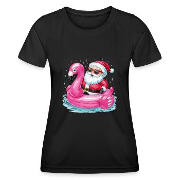 Festlicher Weihnachtsmann reitet Flamingo Pool - Frauen Funktions-T-Shirt - Schwarz - Vorne - AI Model Female 172 light (172cm)
