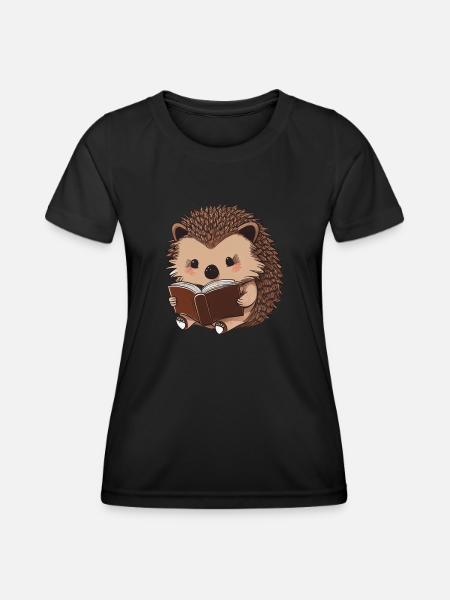 Cute hedgehog reading - Women's Functional T-Shirt - black