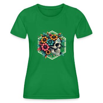 Florale Totenkopfkunst mit lebendigen Details - Frauen Funktions-T-Shirt - Kelly Green - Vorne - AI Model Female 172 dark (172cm)