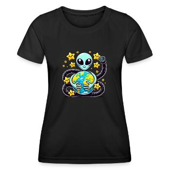 Funny Alien Holding Earth Design - Women's Functional T-Shirt - black - Front - AI Model Female 172 light (172cm)
