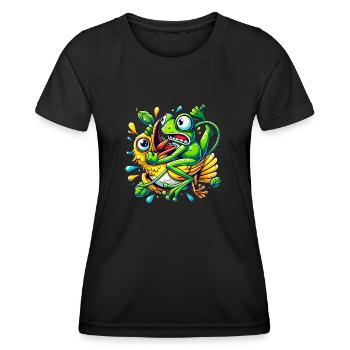Funny Frog Clinging to Bird Cartoon - Women's Functional T-Shirt - black - Front - AI Model Female 172 light (172cm)