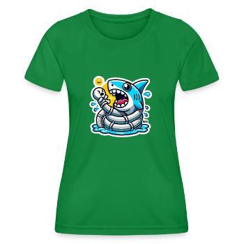 Lustiger Haibiss-Cartoon Sticker - Frauen Funktions-T-Shirt - Kelly Green - Vorne - AI Model Female 172 dark (172cm)