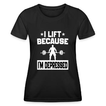 Ich hebe, weil ich depressiv bin Lustige Workout-Witze - Frauen Funktions-T-Shirt - Schwarz - Vorne - AI Model Female 172 light (172cm)