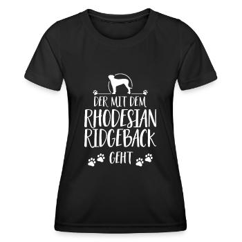 DER MIT DEM RHODESIAN RIDGEBACK GEHT Wilsigns - Frauen Funktions-T-Shirt - Schwarz - Vorne - AI Model Female 172 light (172cm)