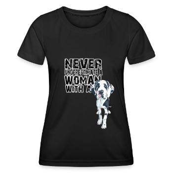 Unterschätzen Sie nicht eine Frau mit einer Deutschen Dogge - Frauen Funktions-T-Shirt - Schwarz - Vorne - AI Model Female 172 light (172cm)