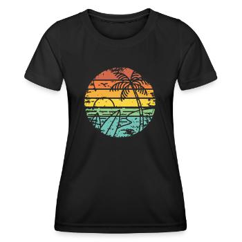 retro sunset Strand Palmen Surfbrett - Frauen Funktions-T-Shirt - Schwarz - Vorne - AI Model Female 172 light (172cm)