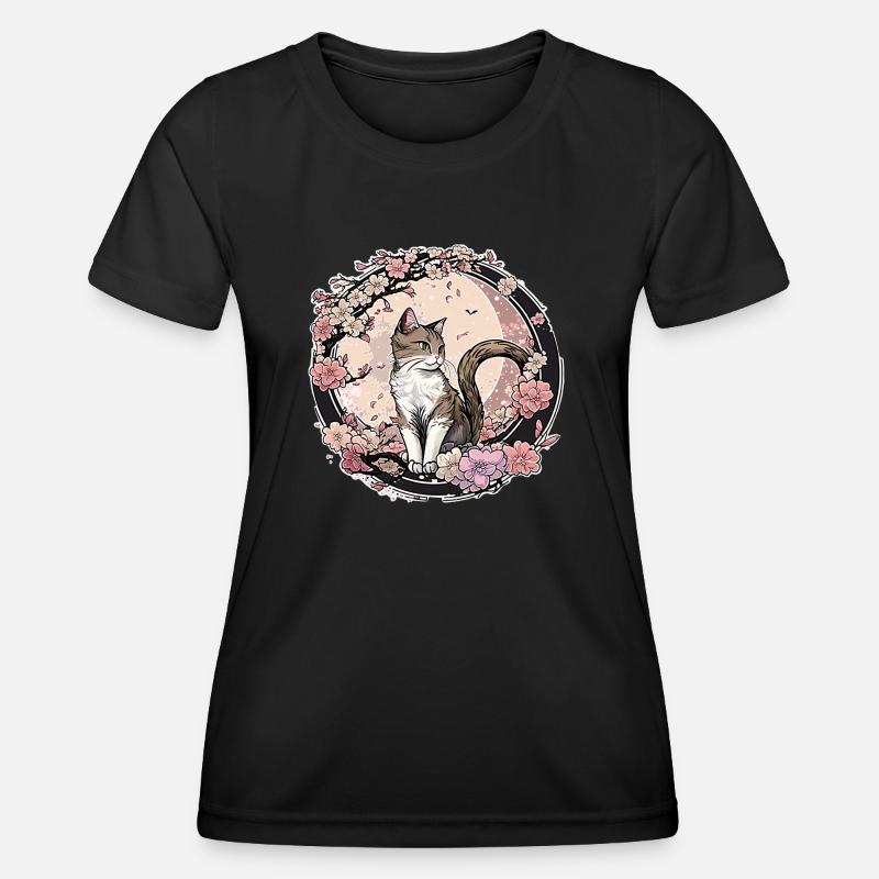 Cat with cherry blossoms - Women's Functional T-Shirt - black