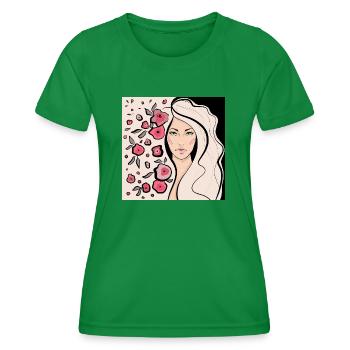 Women's face with open hair and flowers - Women's Functional T-Shirt - kelly green - Front - AI Model Female 172 dark (172cm)