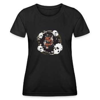 Schädel beobachtet eine Katze, die auf einem Kürbis in der Halle sitzt - Frauen Funktions-T-Shirt - Schwarz - Vorne - AI Model Female 172 light (172cm)