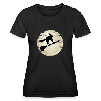 Halloween-Katze auf ihrem Hexenbesen - Frauen Funktions-T-Shirt - Schwarz - Vorne - AI Model Female 172 light (172cm)