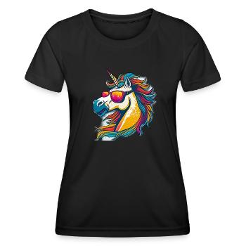 Regenbogen Hipster Einhorn mit Sonnenbrille - Frauen Funktions-T-Shirt - Schwarz - Vorne - AI Model Female 172 light (172cm)