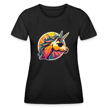 Regenbogen Hipster Einhorn mit Sonnenbrille - Frauen Funktions-T-Shirt - Schwarz - Vorne - AI Model Female 172 light (172cm)