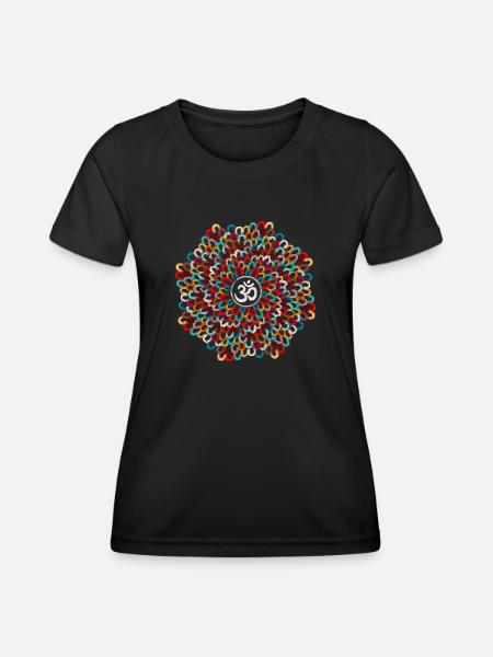 Yogi, Prana Mandala Om - Bunte Federn - Frauen Funktions-T-Shirt - Schwarz
