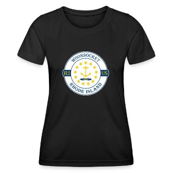 Woonsocket Rhode Island Flag USA Souvenir Badge - T-shirt sport Femme - noir - Devant - AI Model Female 172 light (172cm)