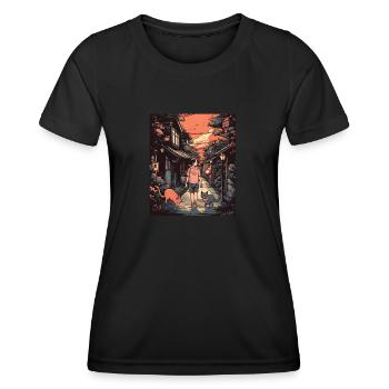 Lofi Japan Street Design with Girl and Cat - Cozy - Women's Functional T-Shirt - black - Front - AI Model Female 172 light (172cm)