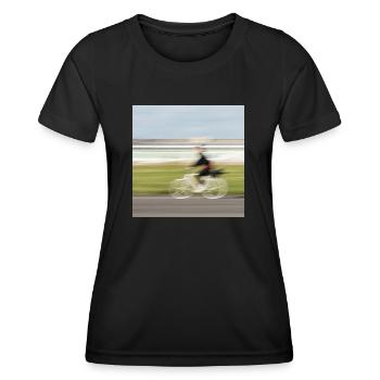 Woman cyclist in motion on a straight asphalt road - Women's Functional T-Shirt - black - Front - AI Model Female 172 light (172cm)