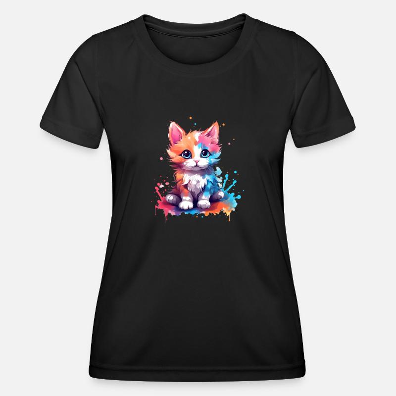 Mignon petit chat coloré avec éclaboussures de couleur - T-shirt sport Femme - noir
