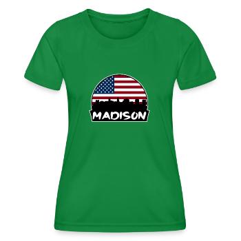 Madison Wisconsin USA Flagge Skyline Silhouette Trav - Frauen Funktions-T-Shirt - Kelly Green - Vorne - AI Model Female 172 dark (172cm)