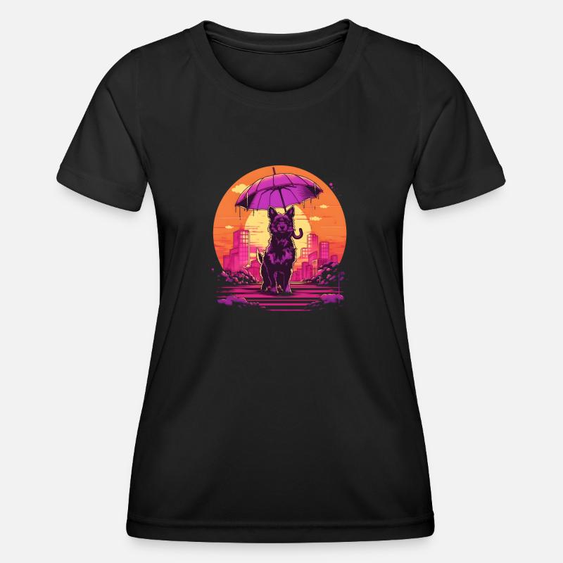 Synthwave japan dog with umbrella - Women's Functional T-Shirt - black