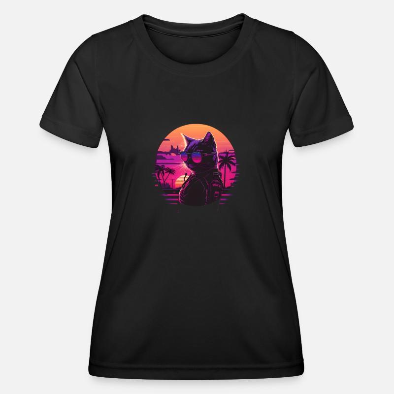Synthwave cat sunset - Women's Functional T-Shirt - black