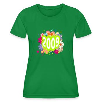 Jahr 2009 Jubiläum Groovy Floral - Frauen Funktions-T-Shirt - Kelly Green - Vorne - AI Model Female 172 dark (172cm)