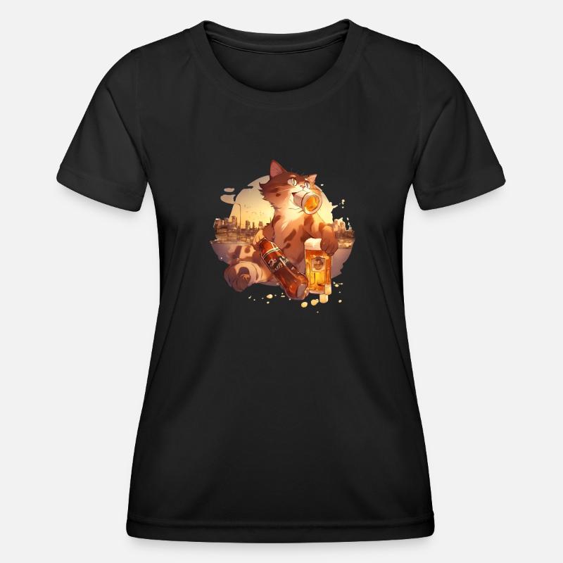 Paws & Pints: Cat with Beer Tee - Women's Functional T-Shirt - black