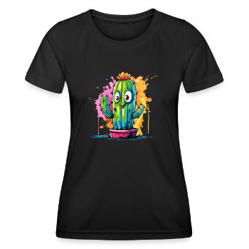 Fröhlicher Kaktus mit Augen Splash - Frauen Funktions-T-Shirt - Schwarz - Vorne - AI Model Female 172 light (172cm)