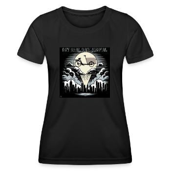 Vélo cargo dans le style Bat-Signal, vélo cargo - T-shirt sport Femme - noir - Devant - AI Model Female 172 light (172cm)