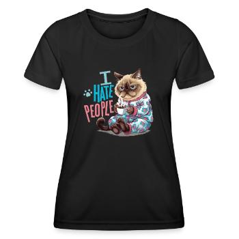 Cozy cat with coffee Introverted humor - Women's Functional T-Shirt - black - Front - AI Model Female 172 light (172cm)