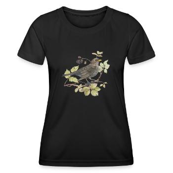 Blackbird on branch Loving watercolor drawing - Women's Functional T-Shirt - black - Front - AI Model Female 172 light (172cm)