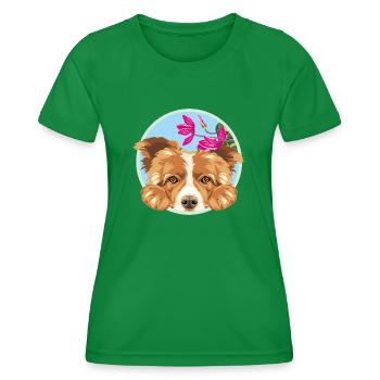 Peeking happy Border Collie dog with pink flowers - Women's Functional T-Shirt - kelly green - Front - AI Model Female 172 dark (172cm)