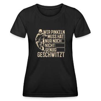 Pinkeln? Schwitzen! - Mountainbiker Mountainbike - Frauen Funktions-T-Shirt - Schwarz - Vorne - AI Model Female 172 light (172cm)