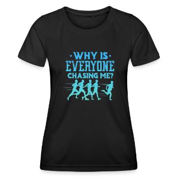 Pourquoi tout le monde me poursuit – Runner Country - T-shirt sport Femme - noir - Devant - AI Model Female 172 light (172cm)