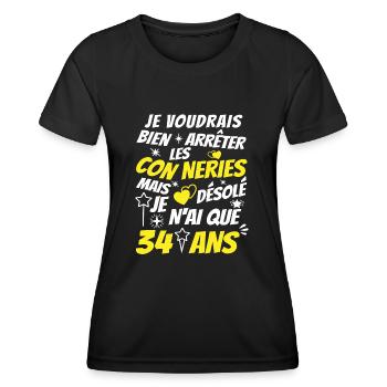 conneries 34 ans / cadeau anniversaire 34 ans - T-shirt sport Femme - noir - Devant - AI Model Female 172 light (172cm)