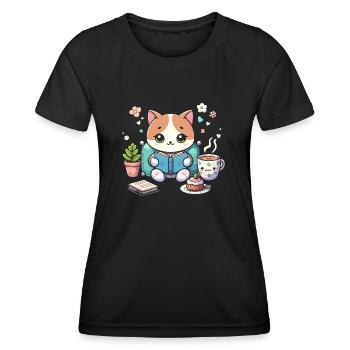 Katze Buch Lesen Kaffee Liebhaber Bücher Bücherwurm - Frauen Funktions-T-Shirt - Schwarz - Vorne - AI Model Female 172 light (172cm)